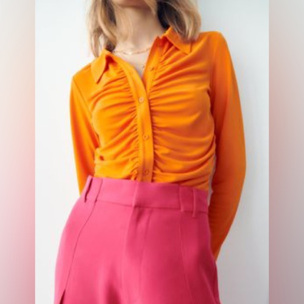 Zara Women’s Orange Ruched Button Down Shirt Small